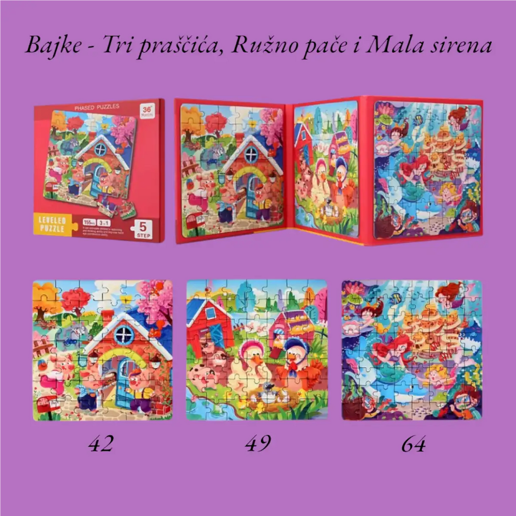 LEVELED Magnetne puzzle 3u1, Tri praščića, Ružno pače i Mala sirena